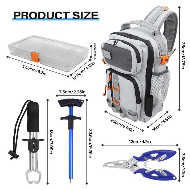 Alt view image 5 of 7 - Fishing Backpack with Tackle Boxes,Waterproof Fishing Shoulder Bag with Rod Holder,Fish Bag with 136 Pcs Fishing Lures Kit,Fish Hook Remover Tool,Fish Lip Gripper,Fishing Plier,Gifts for Men (Gray)