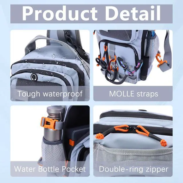 Alt view image 3 of 7 - Fishing Backpack with Tackle Boxes,Waterproof Fishing Shoulder Bag with Rod Holder,Fish Bag with 136 Pcs Fishing Lures Kit,Fish Hook Remover Tool,Fish Lip Gripper,Fishing Plier,Gifts for Men (Gray)