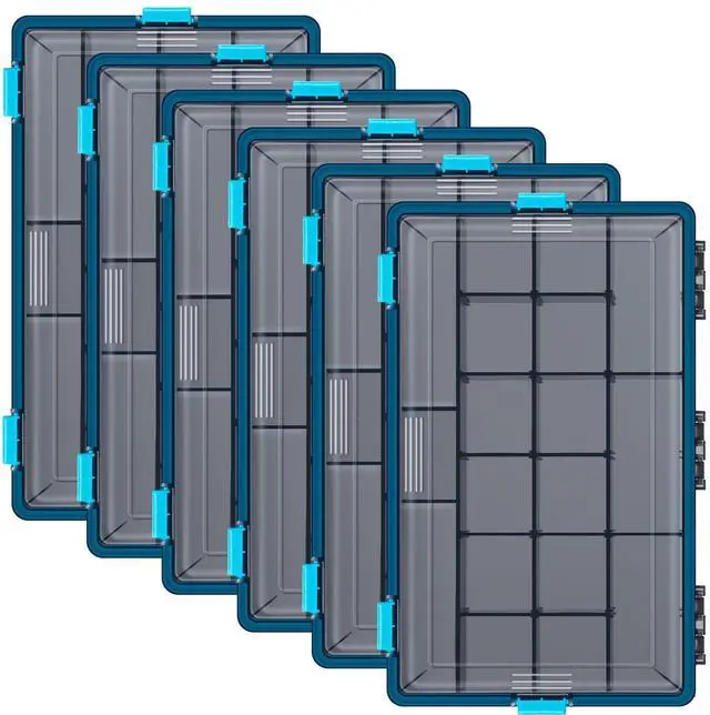 Main image of 6 Pack Fishing Tackle Boxes Waterproof 3600 and 3700 Tackle Trays with Removable Dividers Plastic Storage Organizer Bait Vault Camouflage Box for Freshwater Saltwater (Blue,3700)
