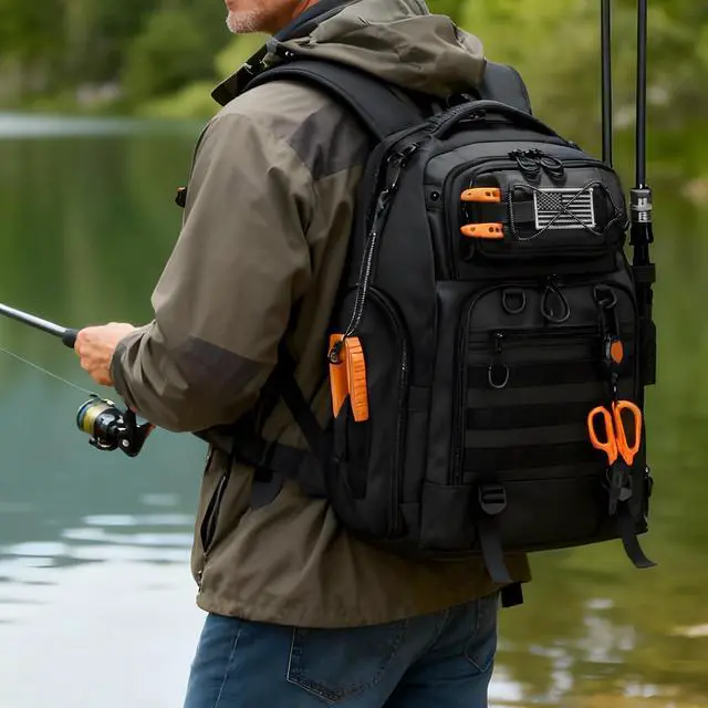 Alt view image 2 of 7 - 50L Fishing Tackle Backpack with Removable Lure Wraps,Include (4) 3600 Tackle Boxes, 2 Rod Holders Storage Fishing Gear and Equipment