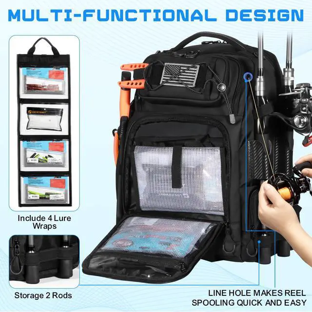 Alt view image 3 of 7 - 50L Fishing Tackle Backpack with Removable Lure Wraps,Include (4) 3600 Tackle Boxes, 2 Rod Holders Storage Fishing Gear and Equipment