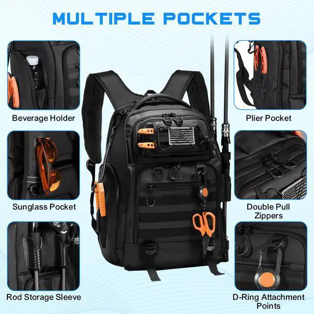 Alt view image 5 of 7 - 50L Fishing Tackle Backpack with Removable Lure Wraps,Include (4) 3600 Tackle Boxes, 2 Rod Holders Storage Fishing Gear and Equipment
