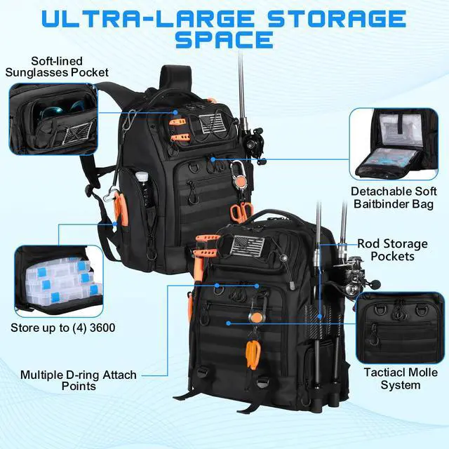 Alt view image 4 of 7 - 50L Fishing Tackle Backpack with Removable Lure Wraps,Include (4) 3600 Tackle Boxes, 2 Rod Holders Storage Fishing Gear and Equipment