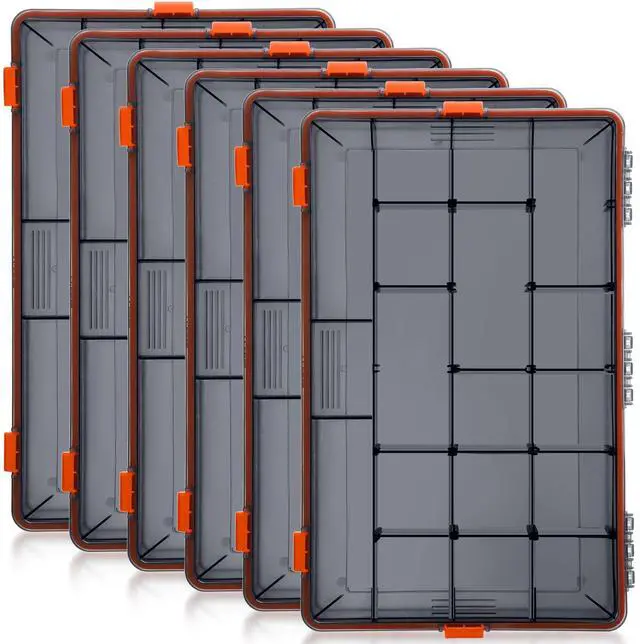 Main image of 6 Pack Fishing Tackle Boxes Waterproof 3600 and 3700 Tackle Trays with Removable Dividers Plastic Storage Organizer Bait Vault Camouflage Box for Freshwater Saltwater (Orange,3700)