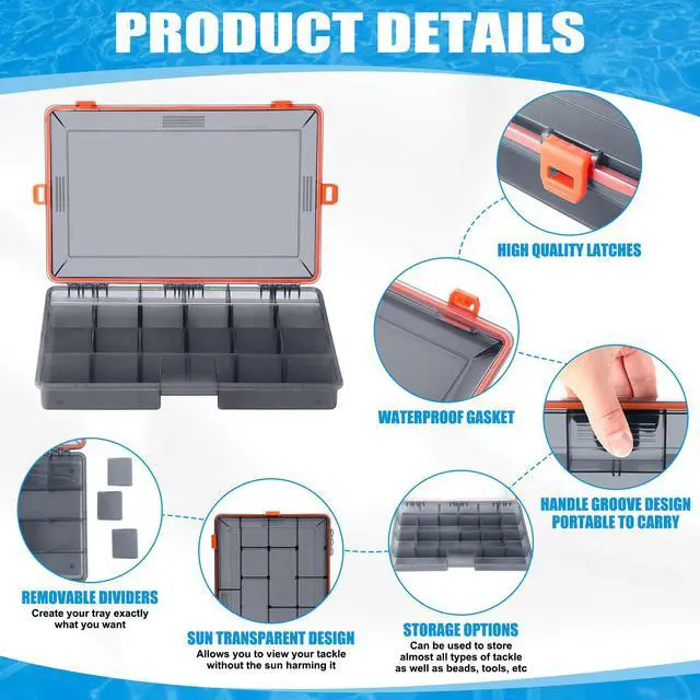 Alt view image 3 of 7 - 6 Pack Fishing Tackle Boxes Waterproof 3600 and 3700 Tackle Trays with Removable Dividers Plastic Storage Organizer Bait Vault Camouflage Box for Freshwater Saltwater (Orange,3700)