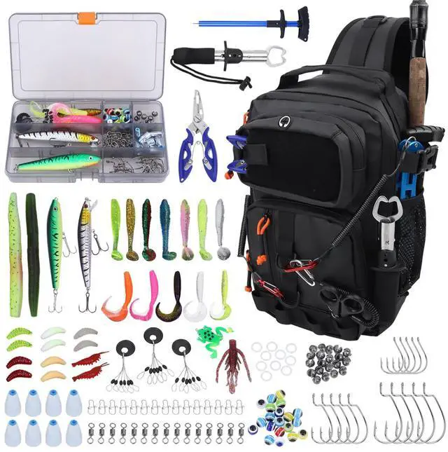 Main image of Fishing Backpack with Tackle Boxes,Waterproof Fishing Shoulder Bag for Fishing Gear,Fish Bag with 136 Pcs Fishing Lures Kit,Fish Hook Remover Tool,Fish Lip Gripper,Fishing Plier,Gifts for Men (Black)
