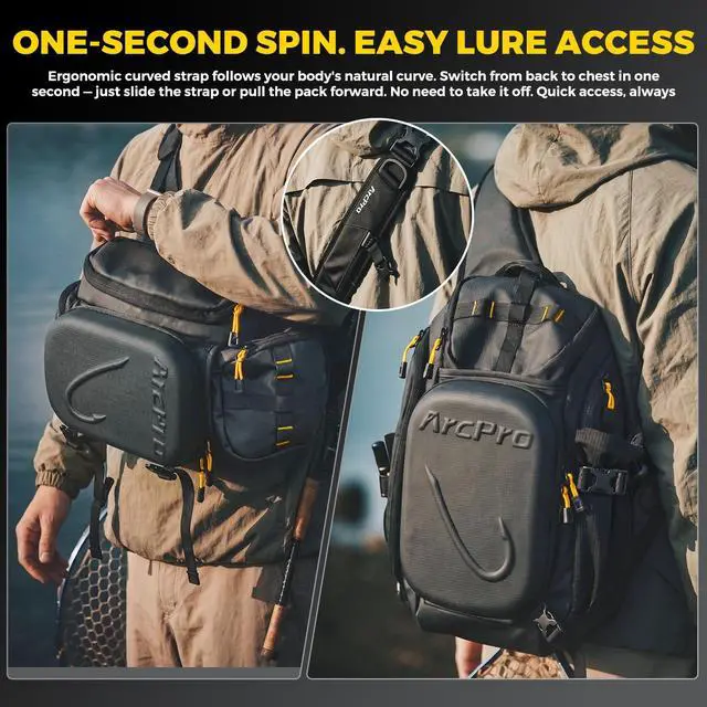 Alt view image 4 of 7 - Fishing Sling Pack, EVA Hardshell with Foldable Workstation, Water-Resistant Convertible Front/Back Tackle Bag for 2×3600 Trays, Saltwater Freshwater Crossbody