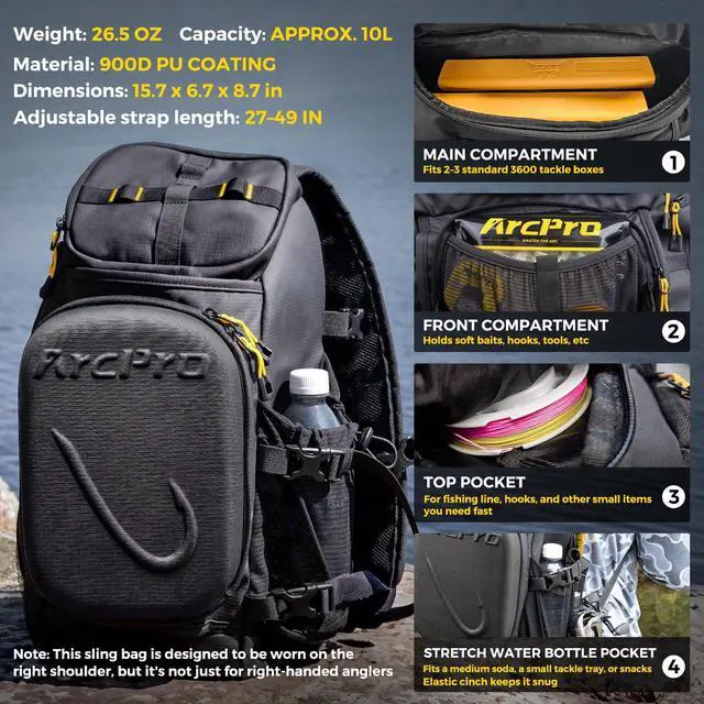 Alt view image 5 of 7 - Fishing Sling Pack, EVA Hardshell with Foldable Workstation, Water-Resistant Convertible Front/Back Tackle Bag for 2×3600 Trays, Saltwater Freshwater Crossbody