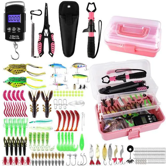 Main image of 3-Layer Pink Fishing Tackle Box with Tackle Included, Fishing Tools Kit Includes Pliers Fish Lip Gripper Scale Crankbait Spinnerbaits Soft Baits Hooks, Ideal Gift for Angler Saltwater Freshwater
