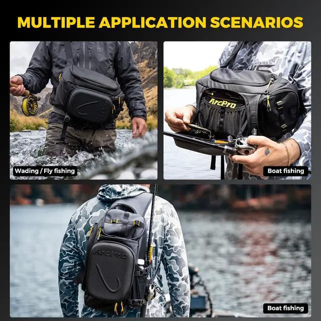 Alt view image 7 of 7 - Fishing Sling Pack, EVA Hardshell with Foldable Workstation, Water-Resistant Convertible Front/Back Tackle Bag for 2×3600 Trays, Saltwater Freshwater Crossbody