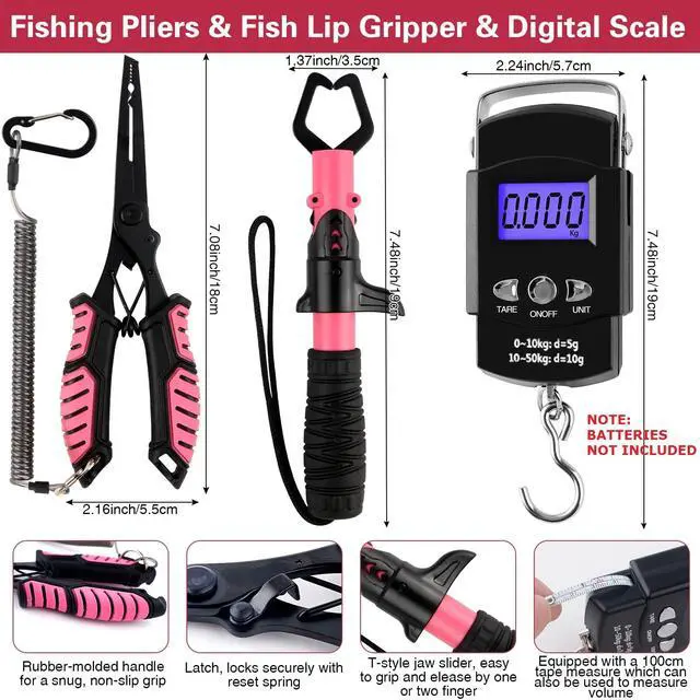 Alt view image 3 of 7 - 3-Layer Pink Fishing Tackle Box with Tackle Included, Fishing Tools Kit Includes Pliers Fish Lip Gripper Scale Crankbait Spinnerbaits Soft Baits Hooks, Ideal Gift for Angler Saltwater Freshwater