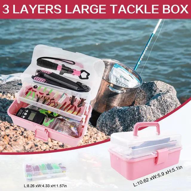 Alt view image 5 of 7 - 3-Layer Pink Fishing Tackle Box with Tackle Included, Fishing Tools Kit Includes Pliers Fish Lip Gripper Scale Crankbait Spinnerbaits Soft Baits Hooks, Ideal Gift for Angler Saltwater Freshwater