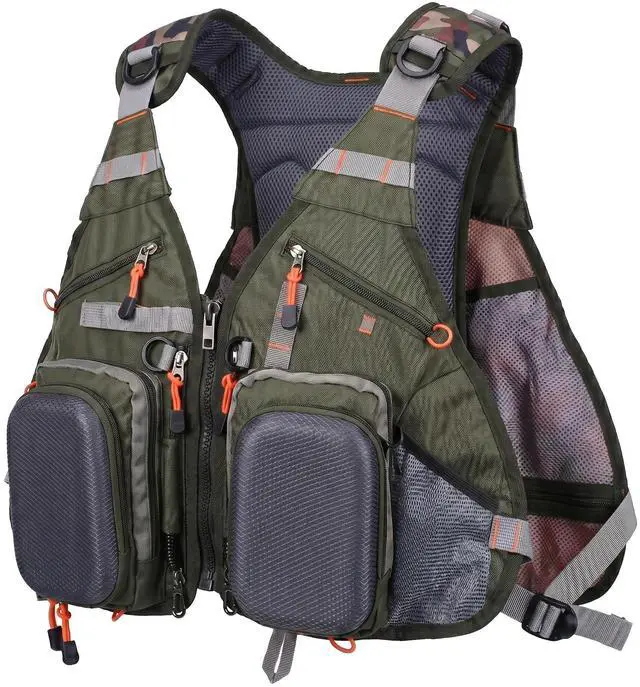 Main image of Fishing Vest Backpack for Men and Women Army Green | Breathable Mesh, Multiple pockets, Adjustable Size, Lightweight, Pack for Outdoor Trout Bass Fishing