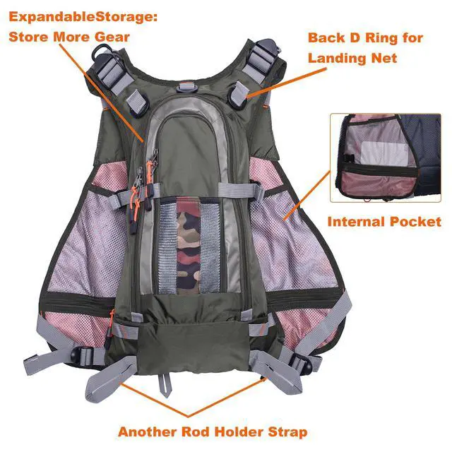 Alt view image 5 of 7 - Fishing Vest Backpack for Men and Women Army Green | Breathable Mesh, Multiple pockets, Adjustable Size, Lightweight, Pack for Outdoor Trout Bass Fishing