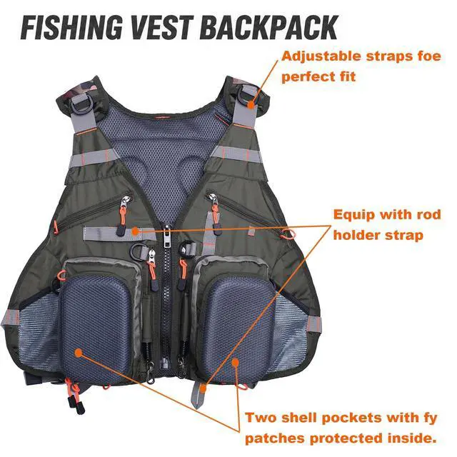 Alt view image 4 of 7 - Fishing Vest Backpack for Men and Women Army Green | Breathable Mesh, Multiple pockets, Adjustable Size, Lightweight, Pack for Outdoor Trout Bass Fishing
