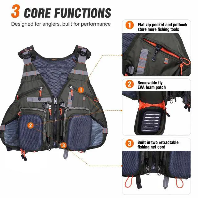 Alt view image 6 of 7 - Fishing Vest Backpack for Men and Women Army Green | Breathable Mesh, Multiple pockets, Adjustable Size, Lightweight, Pack for Outdoor Trout Bass Fishing
