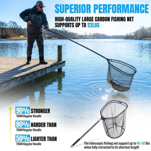 Alt view image 2 of 7 - Large Fishing Net, 3.4-7.7 FT Carbon Fiber Fish Net with Long Telescoping Handle, Kayak Fishing Gear Accessories Foldable Landing Net for Bass, Trout, Catfish, Fishing Gifts for Men Father