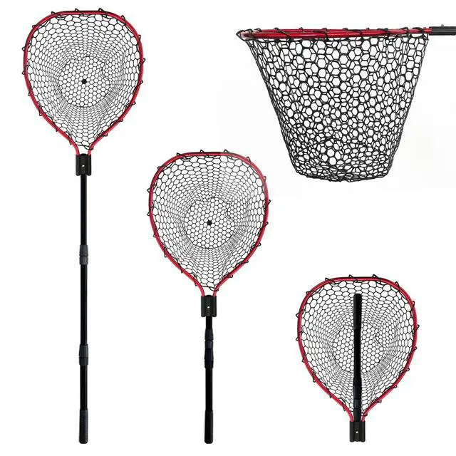 Main image of Telescoping Metal Lock Fishing Net with Handle Red Green 64" 52" Rubber Fish Net - Adjustable Length Lightweight Foldable Large Big Collapsible Extendable Fishing Net