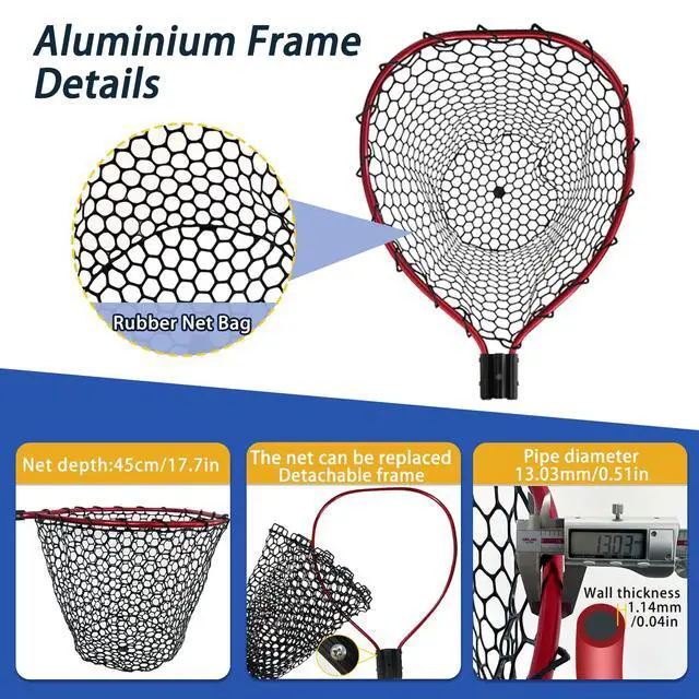 Alt view image 3 of 7 - Telescoping Metal Lock Fishing Net with Handle Red Green 64" 52" Rubber Fish Net - Adjustable Length Lightweight Foldable Large Big Collapsible Extendable Fishing Net