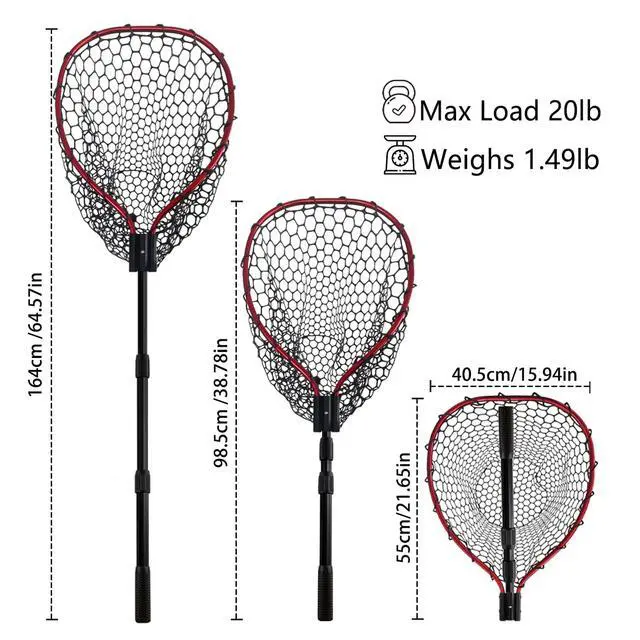 Alt view image 4 of 7 - Telescoping Metal Lock Fishing Net with Handle Red Green 64" 52" Rubber Fish Net - Adjustable Length Lightweight Foldable Large Big Collapsible Extendable Fishing Net