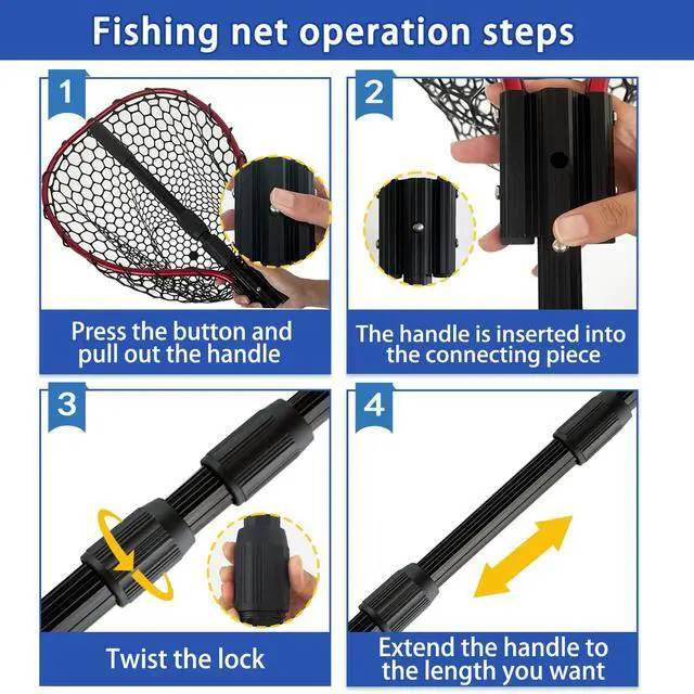 Alt view image 7 of 7 - Telescoping Metal Lock Fishing Net with Handle Red Green 64" 52" Rubber Fish Net - Adjustable Length Lightweight Foldable Large Big Collapsible Extendable Fishing Net