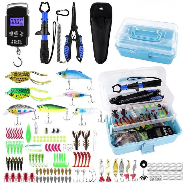 Main image of 3-Layer Fishing Tackle Box with Tackle Included, Fishing Tools Kit Includes Pliers Fish Lip Gripper Scale Crankbait Spinnerbaits Soft Baits Hooks, Ideal Gift for Angler Saltwater Freshwater (Blue)