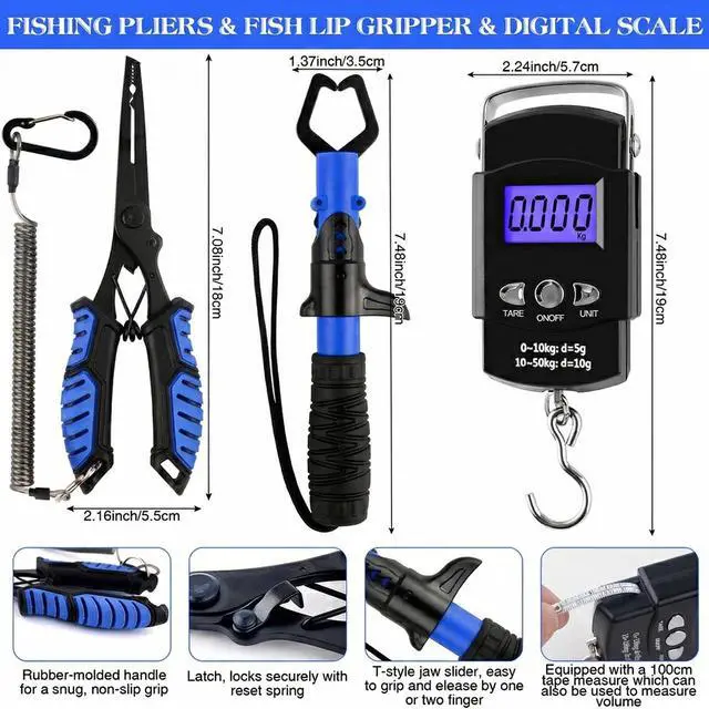 Alt view image 2 of 7 - 3-Layer Fishing Tackle Box with Tackle Included, Fishing Tools Kit Includes Pliers Fish Lip Gripper Scale Crankbait Spinnerbaits Soft Baits Hooks, Ideal Gift for Angler Saltwater Freshwater (Blue)