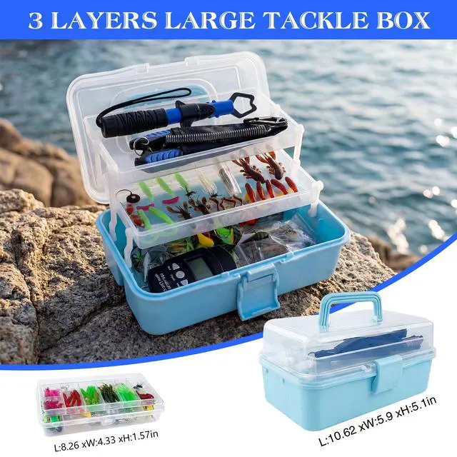 Alt view image 6 of 7 - 3-Layer Fishing Tackle Box with Tackle Included, Fishing Tools Kit Includes Pliers Fish Lip Gripper Scale Crankbait Spinnerbaits Soft Baits Hooks, Ideal Gift for Angler Saltwater Freshwater (Blue)