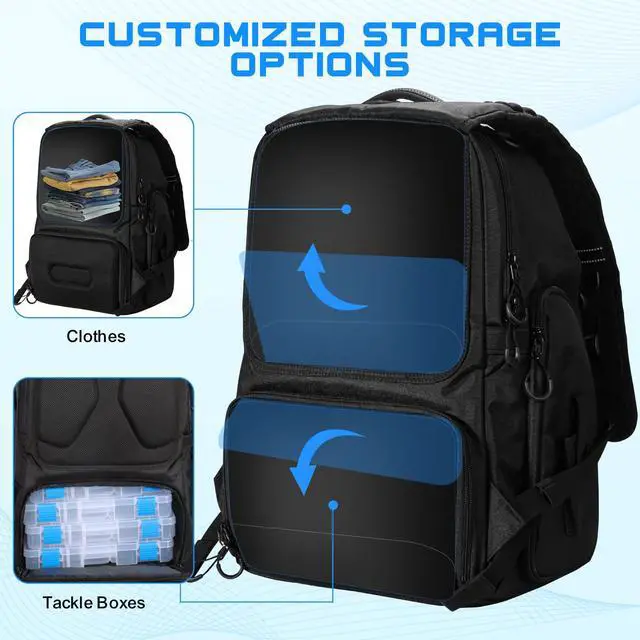 Alt view image 6 of 7 - 50L Fishing Tackle Backpack with Removable Lure Wraps,Include (4) 3600 Tackle Boxes, 2 Rod Holders Storage Fishing Gear and Equipment