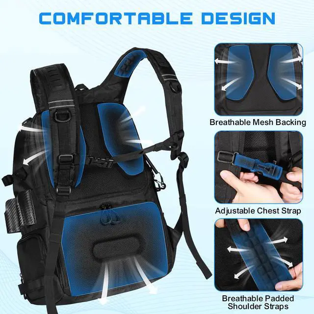 Alt view image 7 of 7 - 50L Fishing Tackle Backpack with Removable Lure Wraps,Include (4) 3600 Tackle Boxes, 2 Rod Holders Storage Fishing Gear and Equipment