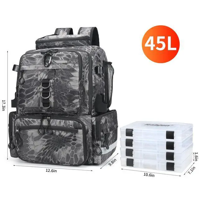 Alt view image 7 of 7 - Fishing Tackle Backpack, 45L Storage Waterproof Travel Bag Store Fishing Gear with Insulated Top Pocket