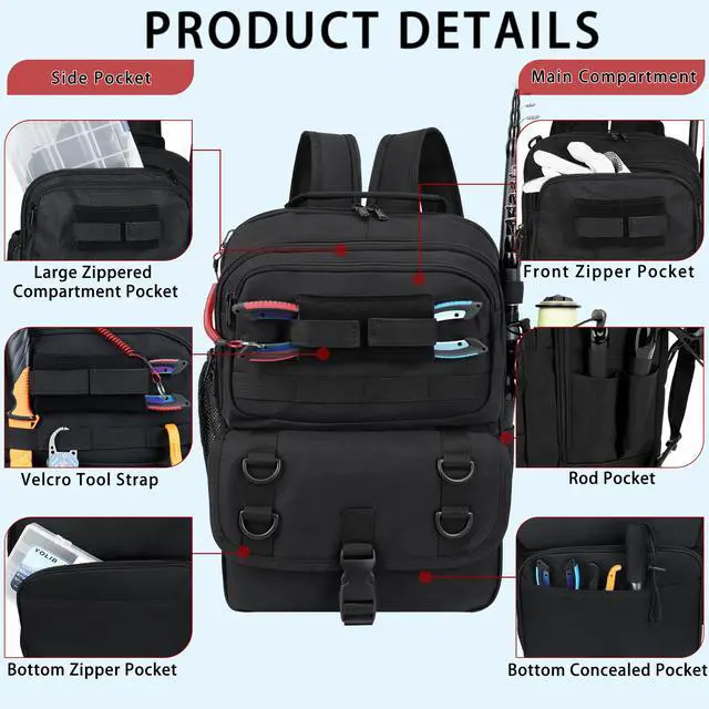 Alt view image 5 of 7 - Fishing Backpack with Tackle Boxes,Fishing Sling Tackle Bag with Rod Holder Waterproof Fishing Bag with Fishing Gear, Fishing Gifts for Men Women Gear Combo Kit,Black