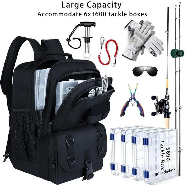 Alt view image 6 of 7 - Fishing Backpack with Tackle Boxes,Fishing Sling Tackle Bag with Rod Holder Waterproof Fishing Bag with Fishing Gear, Fishing Gifts for Men Women Gear Combo Kit,Black
