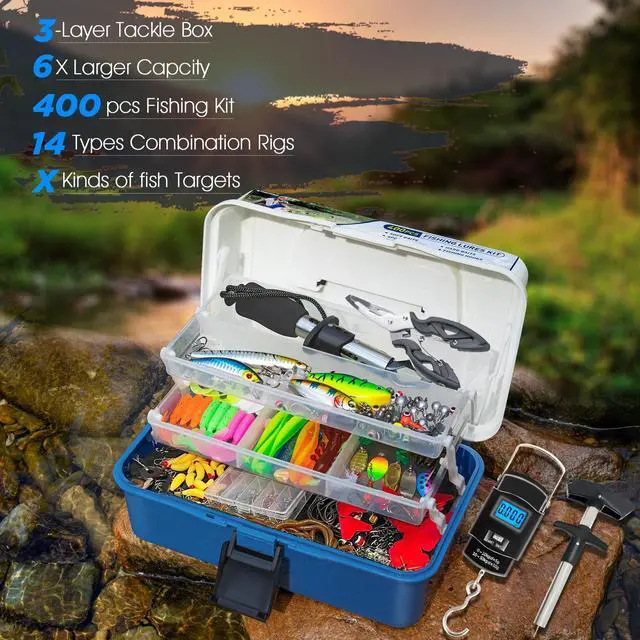 Alt view image 2 of 7 - 400PCS Fishing Lures Accessories Kit with Large 3-Layer Tackle Box Complete Freshwater Bass Fishing Gear Tools Set with Pliers, Fish Scale, Crankbait, Hooks, Weights Gift for Men