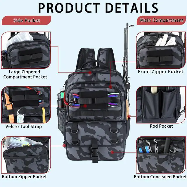 Alt view image 5 of 7 - Fishing Backpack with Tackle Boxes,Fishing Sling Tackle Bag with Rod Holder Waterproof Fishing Bag with Fishing Gear, Fishing Gifts for Men Women Gear Combo Kit,Camouflage Black