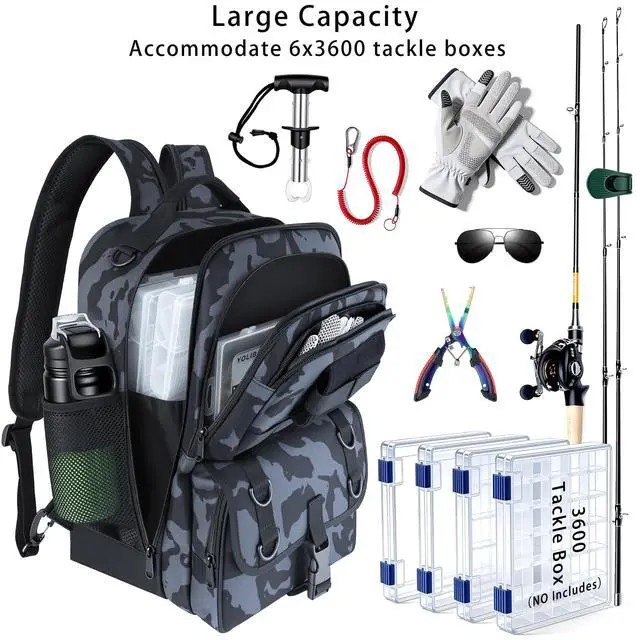 Alt view image 6 of 7 - Fishing Backpack with Tackle Boxes,Fishing Sling Tackle Bag with Rod Holder Waterproof Fishing Bag with Fishing Gear, Fishing Gifts for Men Women Gear Combo Kit,Camouflage Black