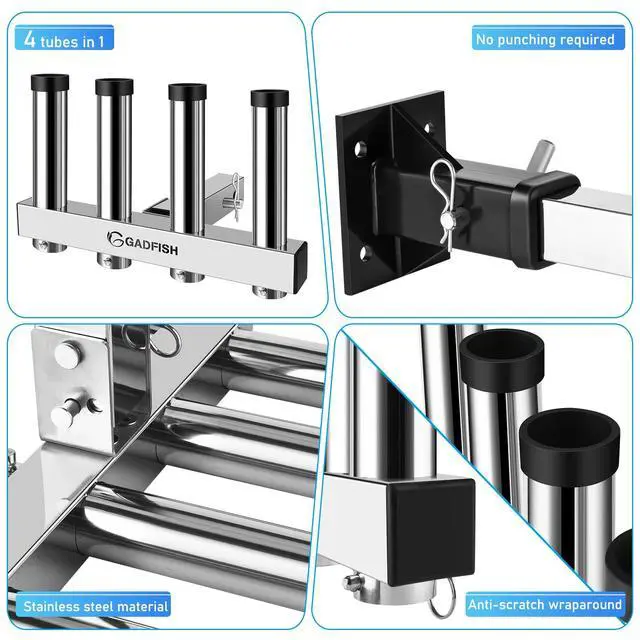 Alt view image 4 of 7 - Stainless Steel Hitch Fishing Rod Holder, Hitch Mount Rod Holder, 4 Link Tube for 2" Hitch Receivers with Quick Release Pin,Truck Adjustment Fishing Rod Rack, Fishing Pole Holder