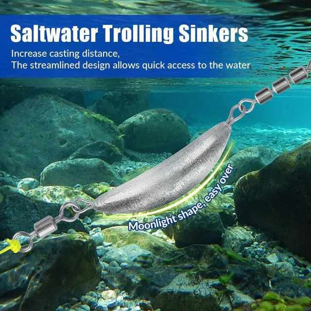 Alt view image 3 of 6 - Fishing Spin SinkerCrescent Sinker with 3 Roller Swivels Fishing Sinker Drop Shot Weights Fishing Weights Kit Inline Trolling Sinkers,Torpedo Sinkers Saltwater Freshwater,1/2-6OZ, sliver
