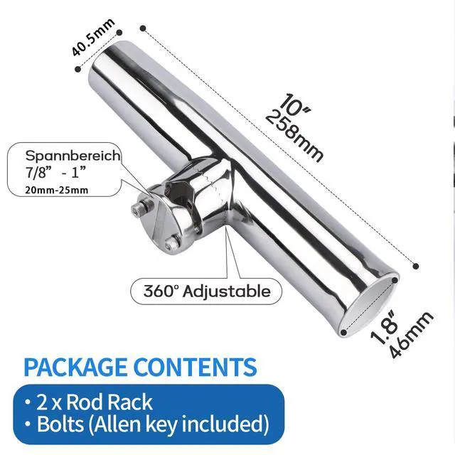 Alt view image 2 of 7 - 2PCS Tournament Style Boat Fishing Rod Holders, 316 Stainless Steel Clamp on 7/8" to 1" Rail, 360 Adjustable Fishing Rod Holder