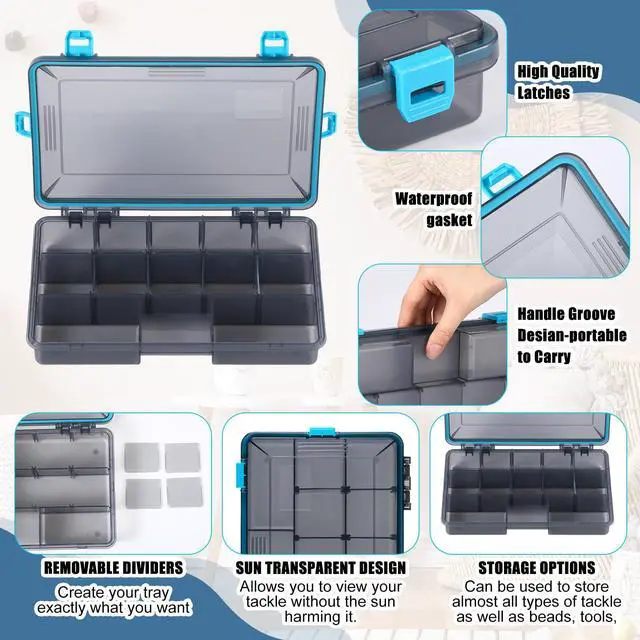 Alt view image 2 of 6 - 12 Pack Fishing Tackle Boxes Waterproof 3600 and 3700 Tackle Trays with Removable Dividers Plastic Storage Organizer Bait Vault Camouflage Box for Freshwater Saltwater (Blue,3600)