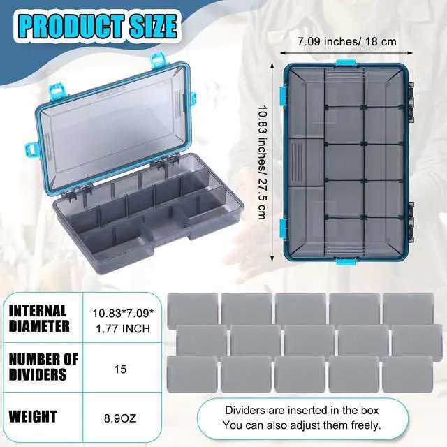 Alt view image 3 of 6 - 12 Pack Fishing Tackle Boxes Waterproof 3600 and 3700 Tackle Trays with Removable Dividers Plastic Storage Organizer Bait Vault Camouflage Box for Freshwater Saltwater (Blue,3600)