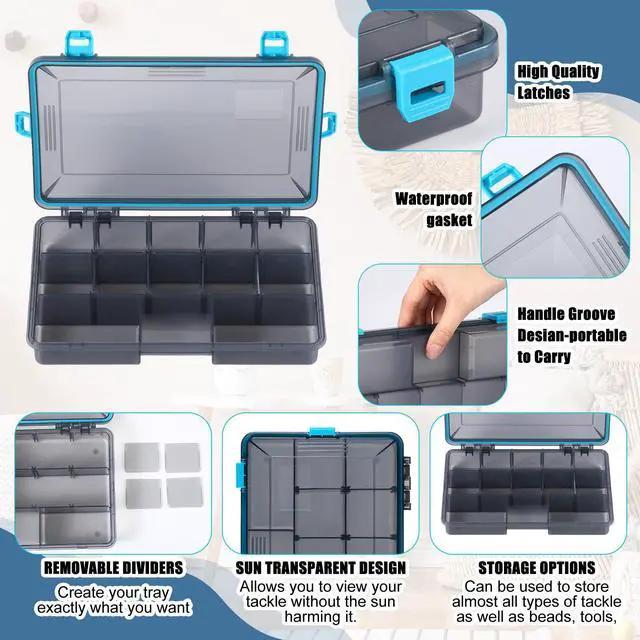 Alt view image 3 of 6 - 6 Pack Fishing Tackle Boxes Waterproof 3600 and 3700 Tackle Trays with Removable Dividers Plastic Storage Organizer Bait Vault Camouflage Box for Freshwater Saltwater (Blue,3600)