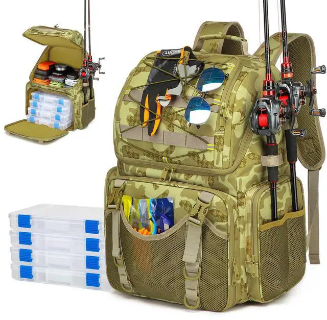Main image of Fishing Backpack, 45L Large Cooler Fishing Tackle bag with Rod Holders & Rain Cover, Water-resistant Store Gear (Khaki Camo(With 4 Tackle Boxes))