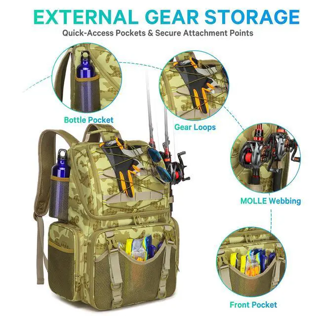 Alt view image 2 of 6 - Fishing Backpack, 45L Large Cooler Fishing Tackle bag with Rod Holders & Rain Cover, Water-resistant Store Gear (Khaki Camo(With 4 Tackle Boxes))