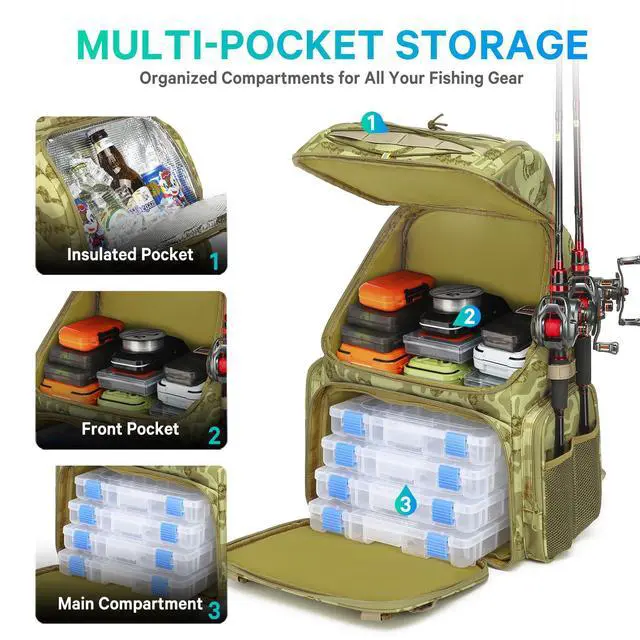 Alt view image 3 of 6 - Fishing Backpack, 45L Large Cooler Fishing Tackle bag with Rod Holders & Rain Cover, Water-resistant Store Gear (Khaki Camo(With 4 Tackle Boxes))