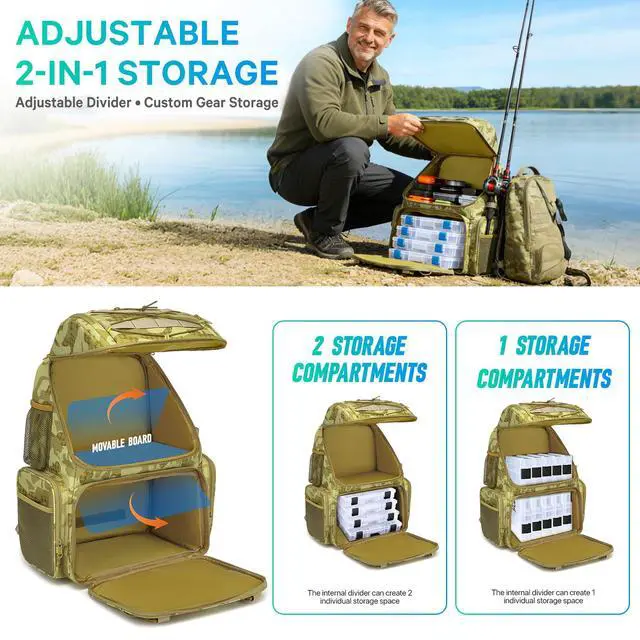 Alt view image 5 of 6 - Fishing Backpack, 45L Large Cooler Fishing Tackle bag with Rod Holders & Rain Cover, Water-resistant Store Gear (Khaki Camo(With 4 Tackle Boxes))