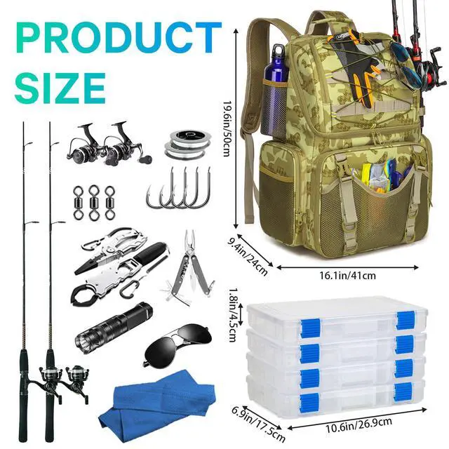 Alt view image 4 of 6 - Fishing Backpack, 45L Large Cooler Fishing Tackle bag with Rod Holders & Rain Cover, Water-resistant Store Gear (Khaki Camo(With 4 Tackle Boxes))