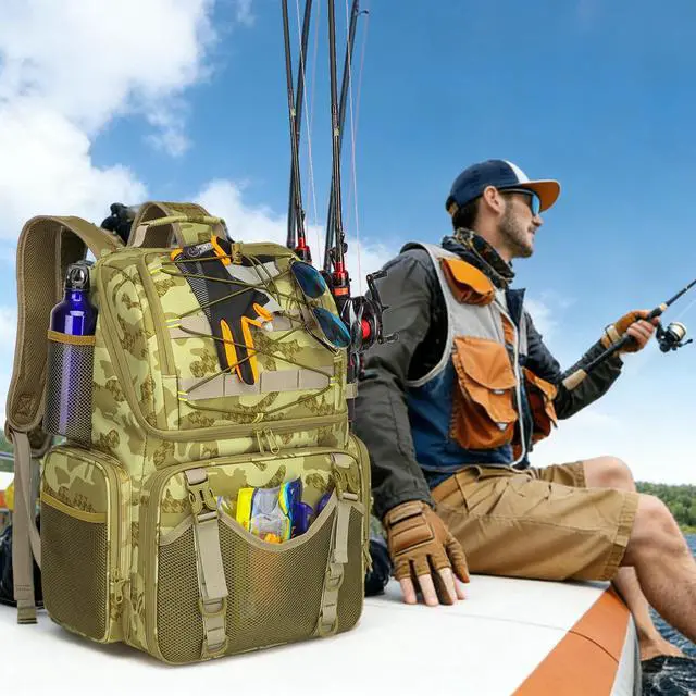 Alt view image 6 of 6 - Fishing Backpack, 45L Large Cooler Fishing Tackle bag with Rod Holders & Rain Cover, Water-resistant Store Gear (Khaki Camo(With 4 Tackle Boxes))