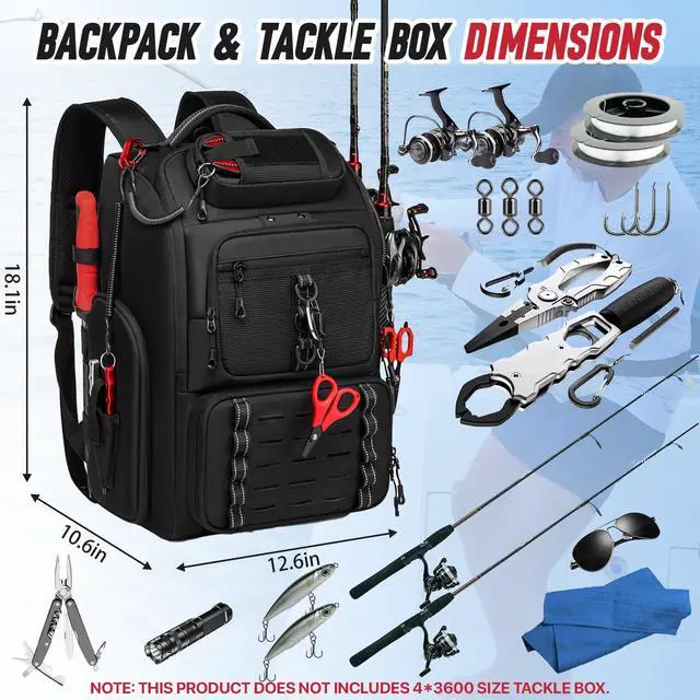 Alt view image 4 of 6 - Fishing Tackle Backpack,40L Tackle Bag with 2 Rod Holders,Water-Resistant Large Storage Fishing Gear and Equipment(Black)