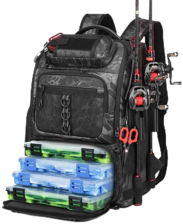 Main image of Fishing Tackle Backpack,Tackle Bag with 2 Rod Holders,Water-Resistant Large Storage Fishing Gear and Equipment (B-Black Camo)